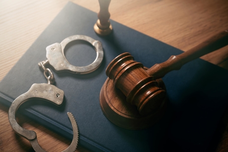 Handcuffs and gavel on book